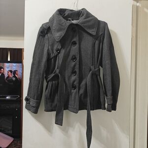 Charcoal Gray Button-Front Hip Length Peacoat with Waist Ties